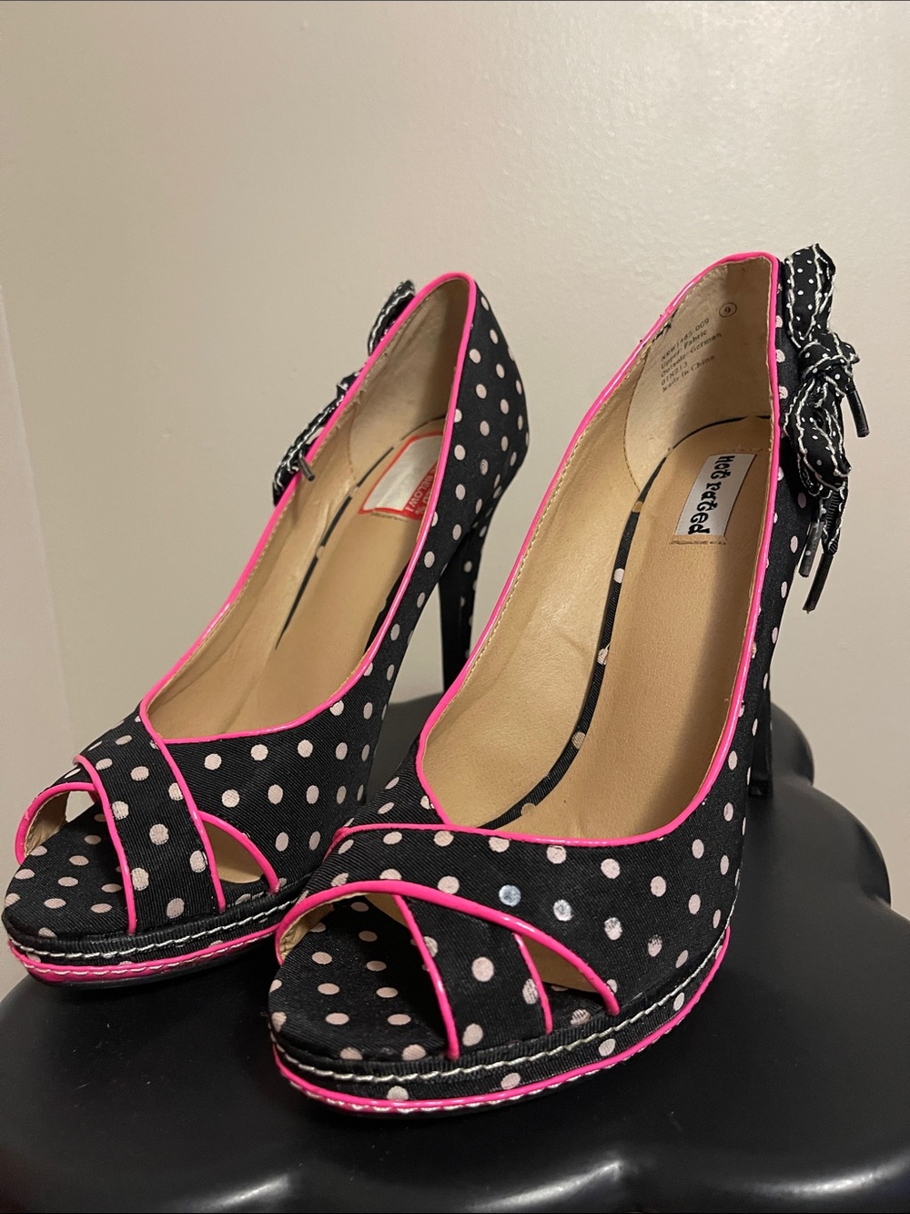 Not Rated Black and Pink Polka Dot Peep Toe Heels